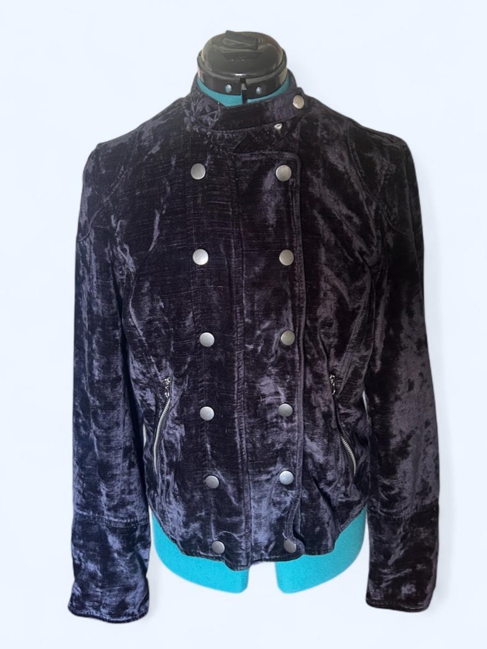 We The Free Black Crushed Velvet Double-Breasted Bomber Jacket